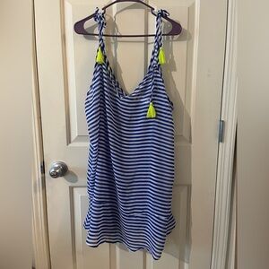 Blue and White Striped swimsuit, cover-up with Yellow Tassels